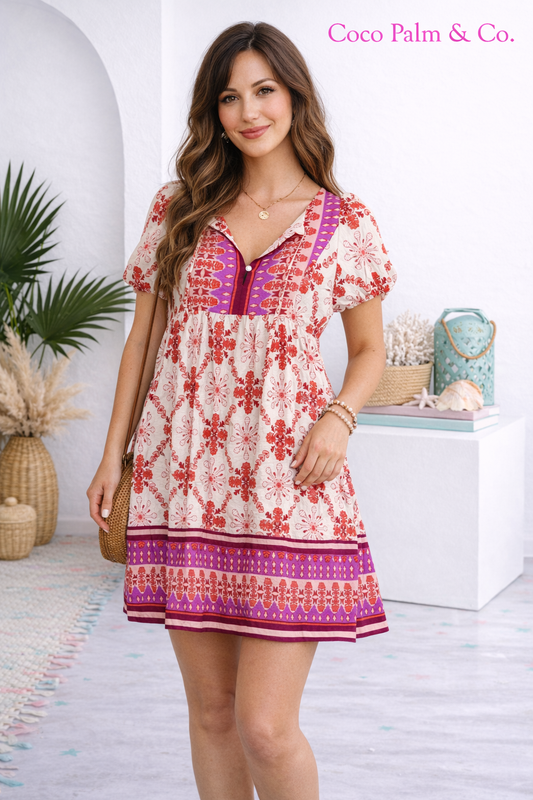 Boho Floral Lace-Up V-Neck Mini Dress