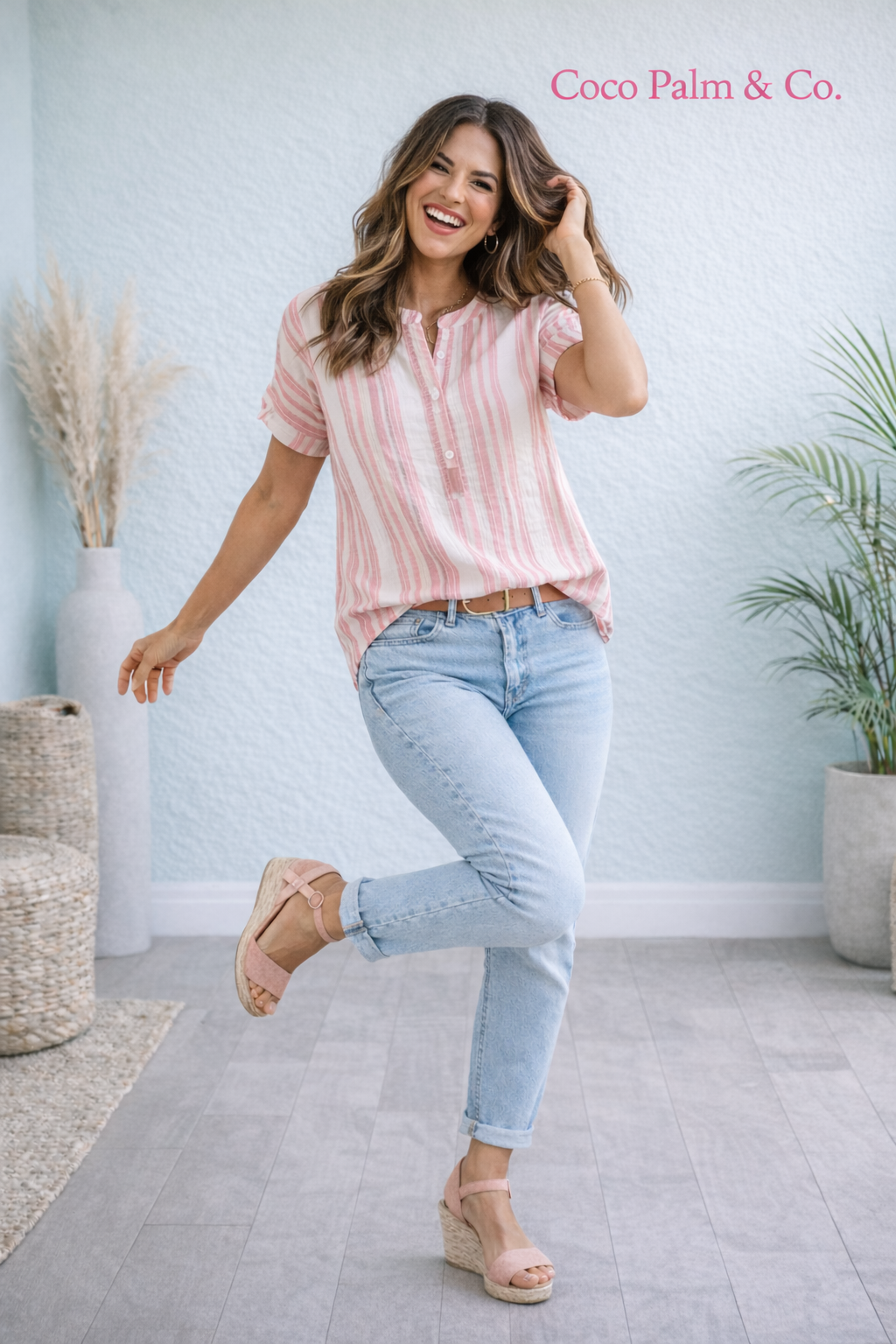 Stripe Half Buttoned Short Sleeve Blouse