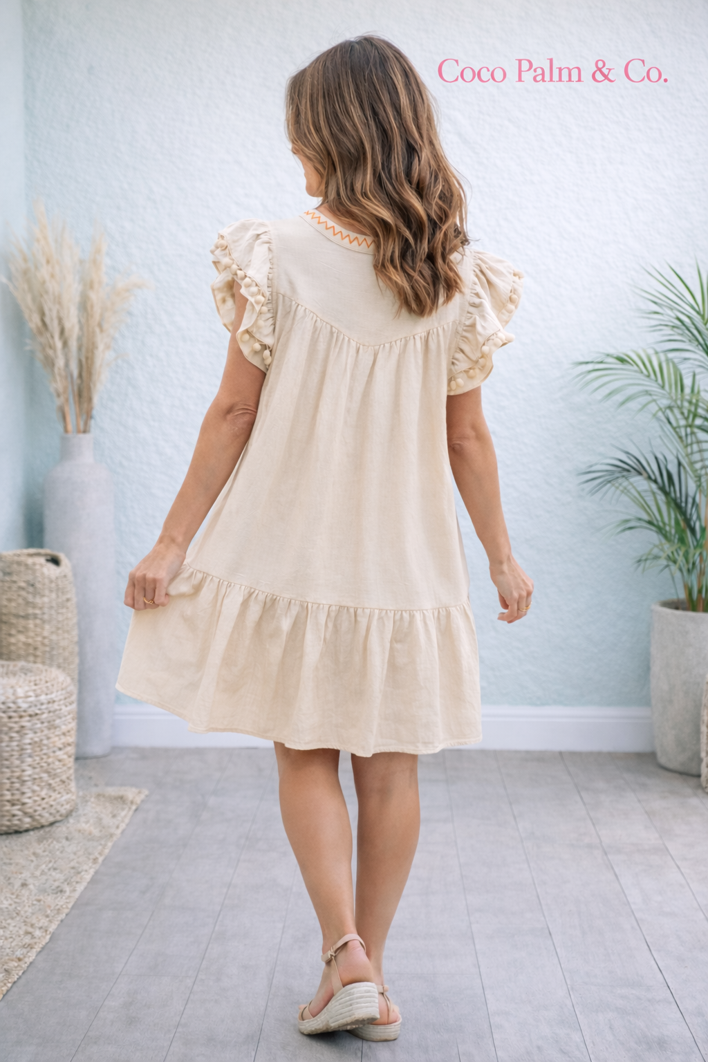 Linen Embroidery Pom Pom Ruffle Dress