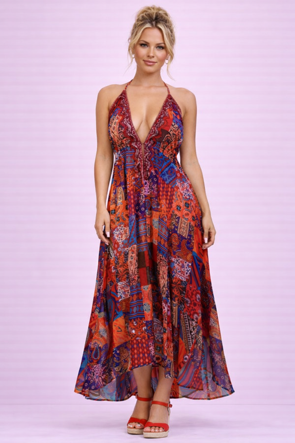 Athina Bohemian Print Sequin Lace Trim Maxi Dress