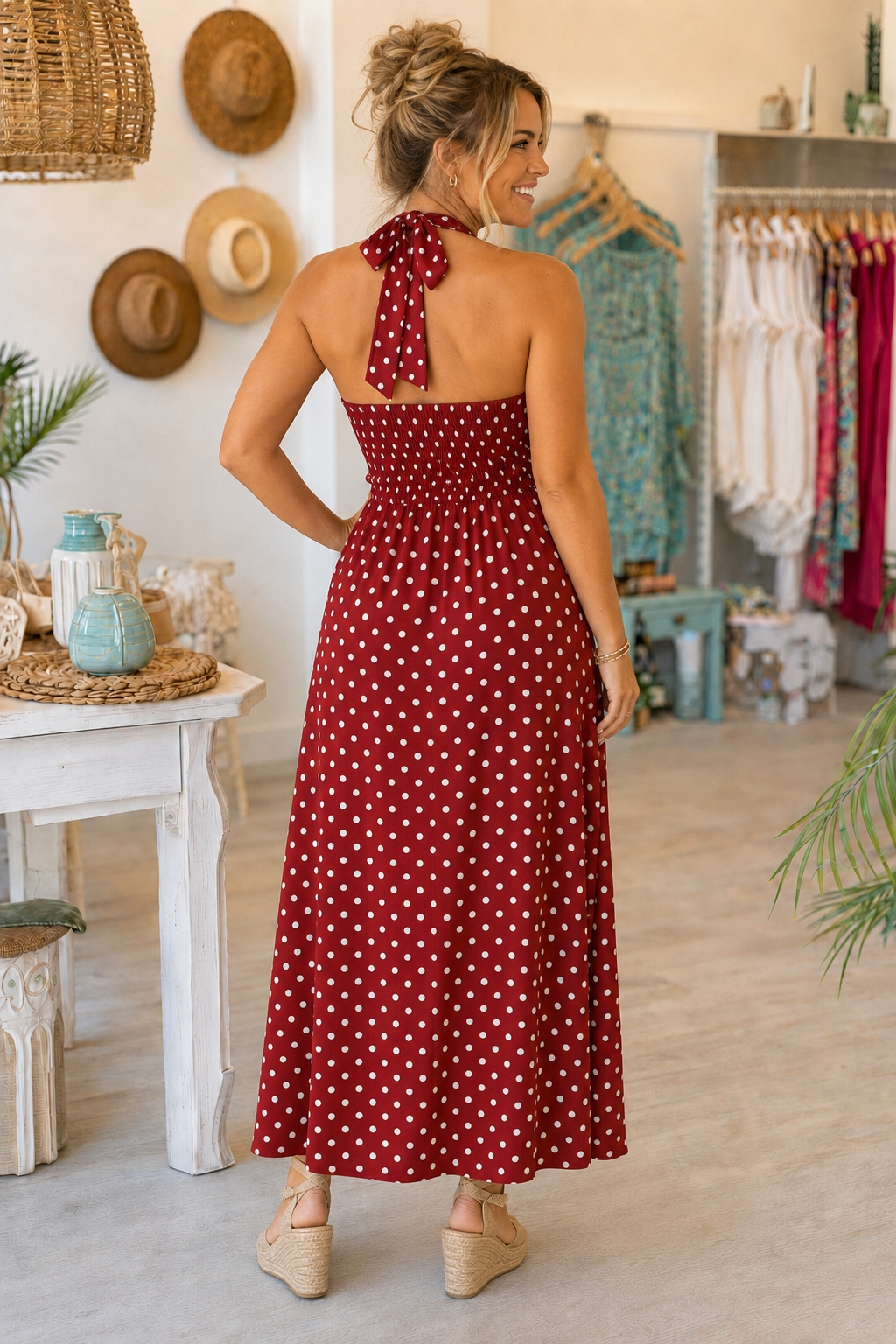 PRE-ORDER BY 8/10/26: The Laney Halter V Neck Polka Dot Maxi Dress