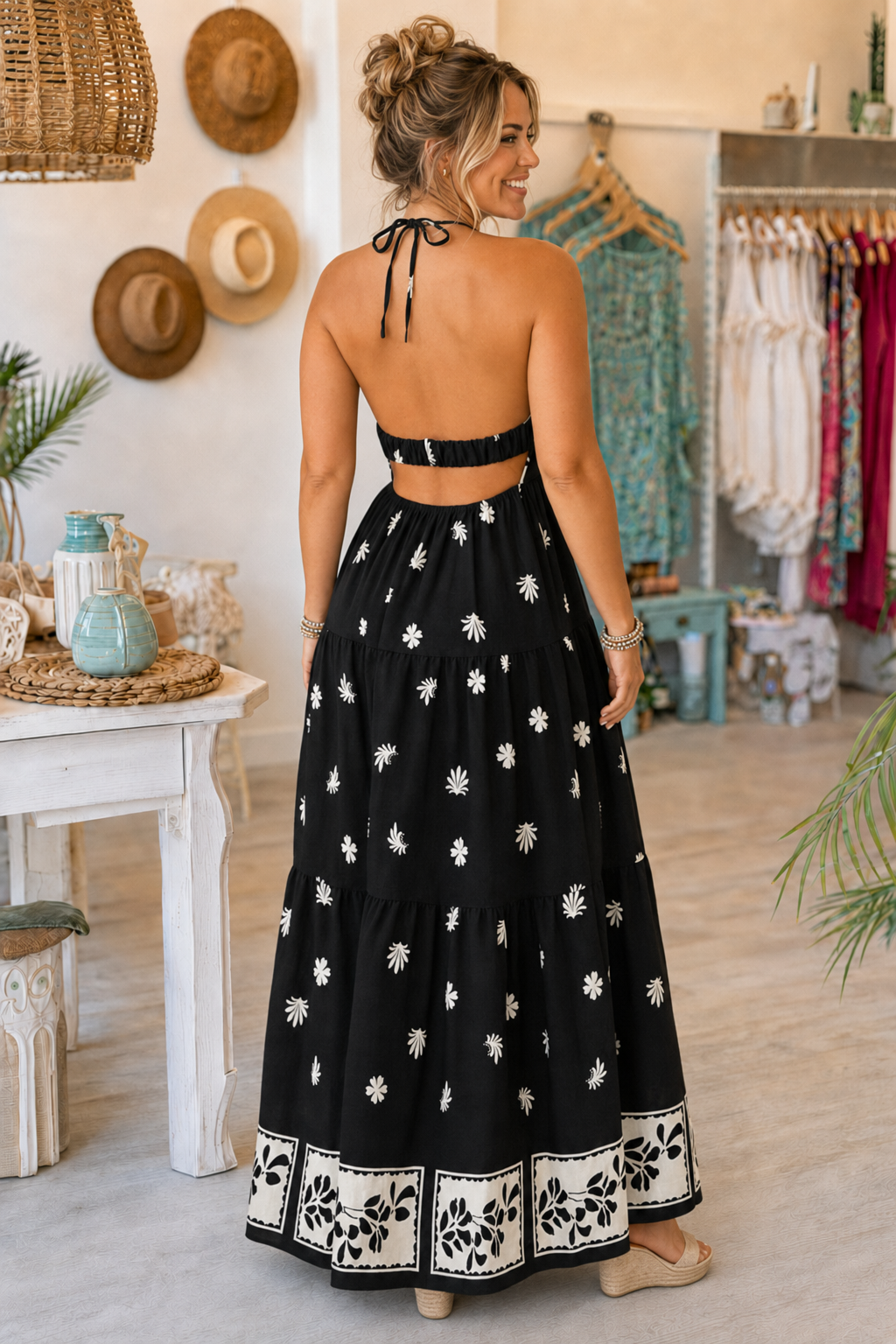 PRE-ORDER BY 8/10/26:The Willow Embroidered Halter Cut-Out Maxi Dress