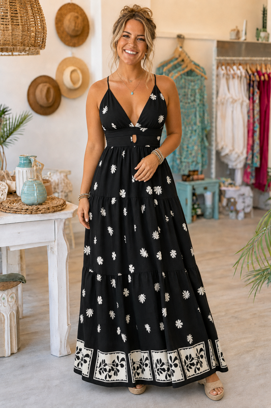PRE-ORDER BY 8/10/26:The Willow Embroidered Halter Cut-Out Maxi Dress