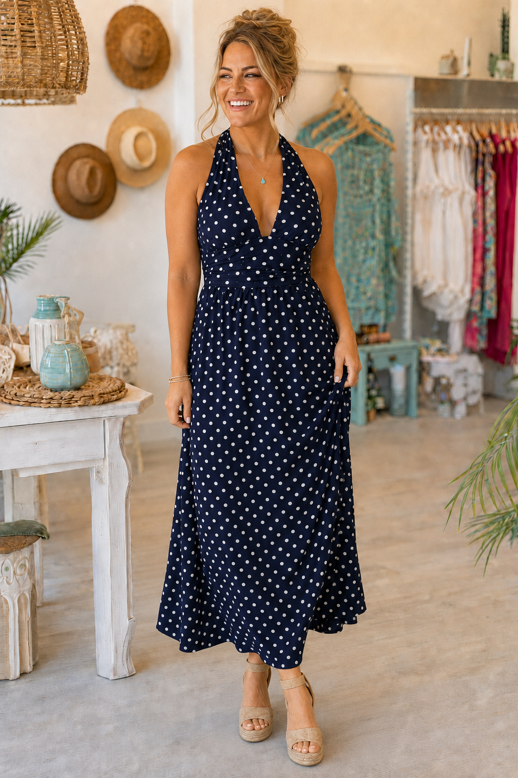 PRE-ORDER BY 8/10/26: The Laney Halter V Neck Polka Dot Maxi Dress