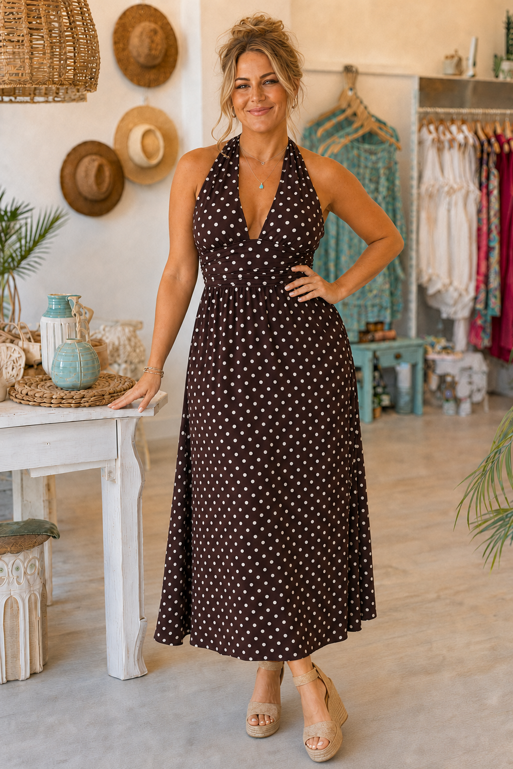 PRE-ORDER BY 8/10/26: The Laney Halter V Neck Polka Dot Maxi Dress