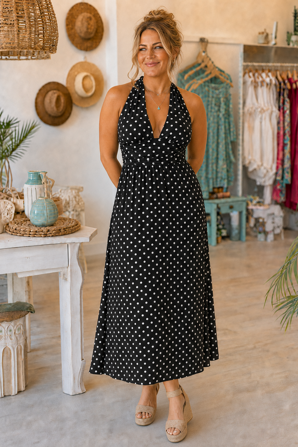 PRE-ORDER BY 8/10/26: The Laney Halter V Neck Polka Dot Maxi Dress