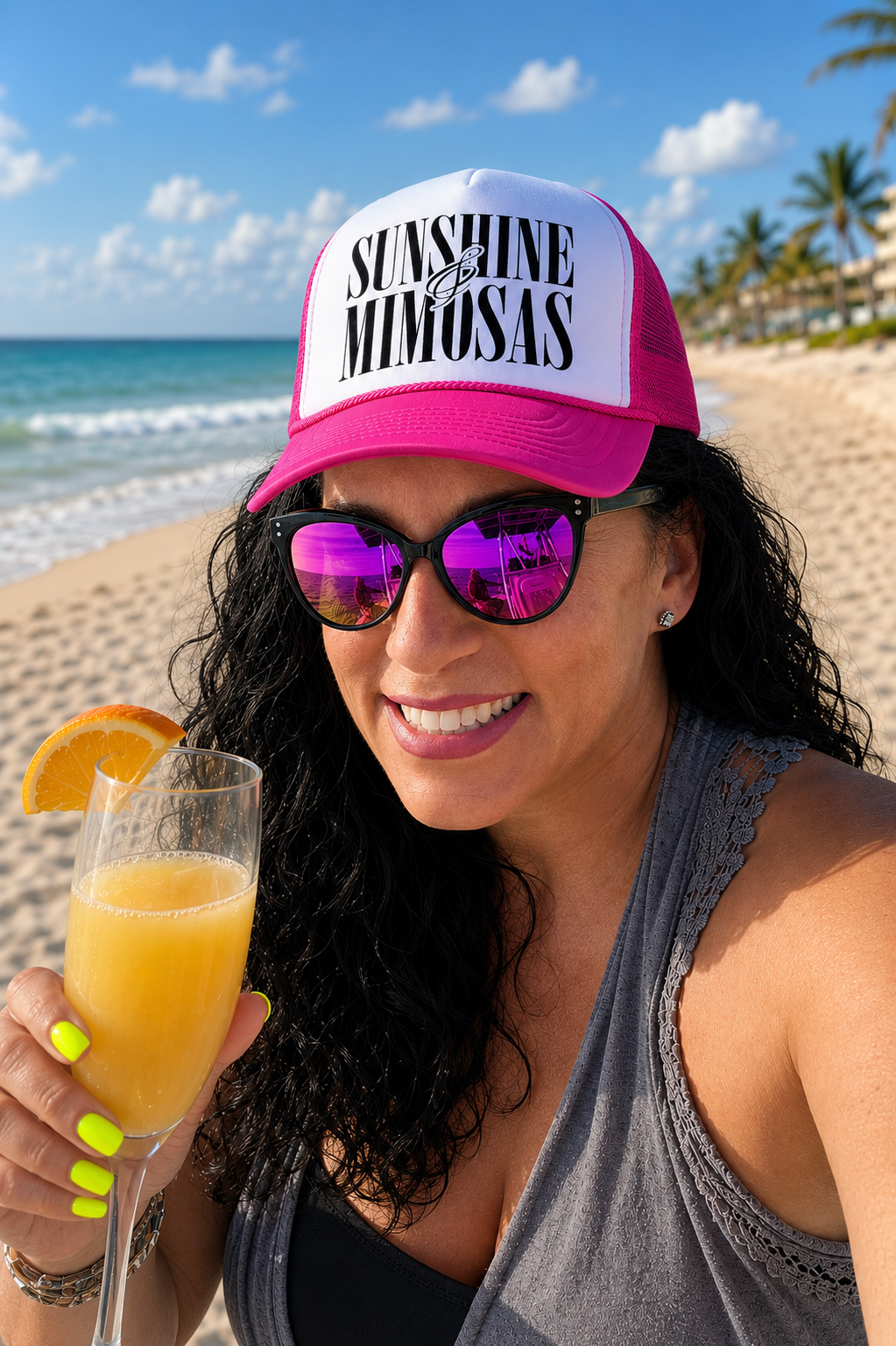 PRE-ORDER BY 6/15/26: "Sunshine and Mimosas" Hot Pink and White Trucker Hat