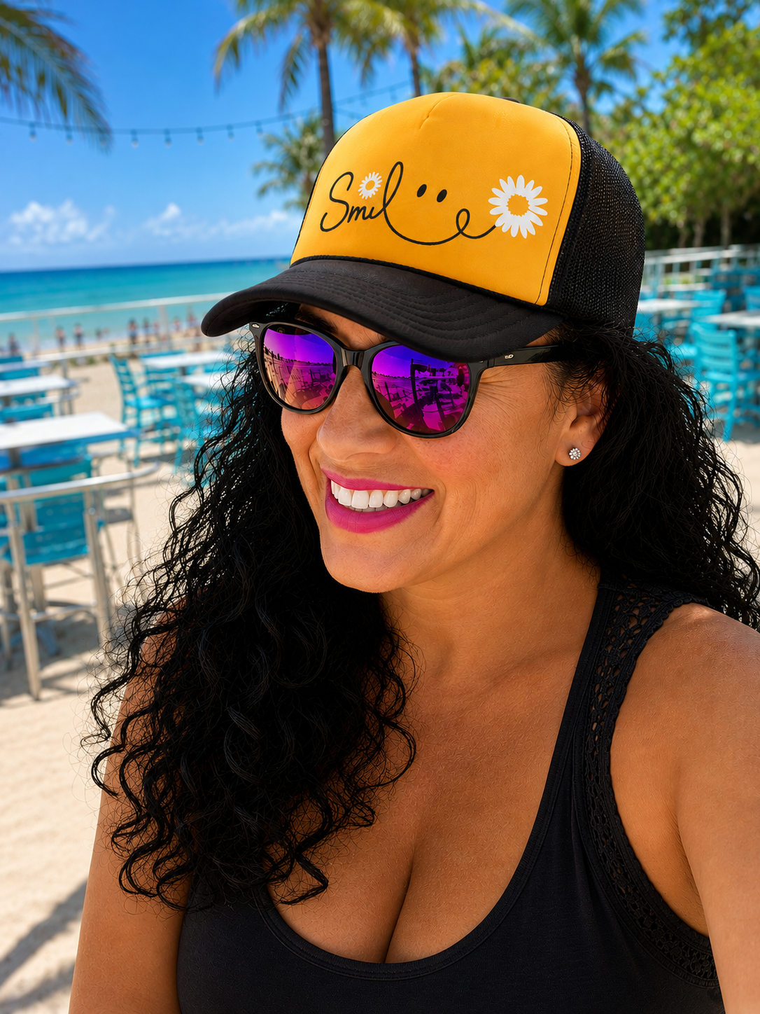 PRE-ORDER BY 6/15/26: "Smile" Gold and Black Trucker Hat