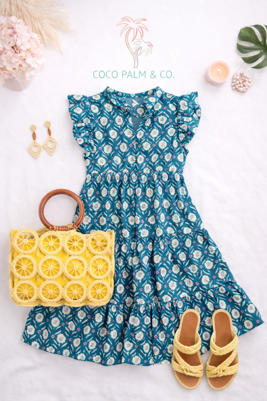 Floral Split Neck Ruffle Short Sleeve Dress