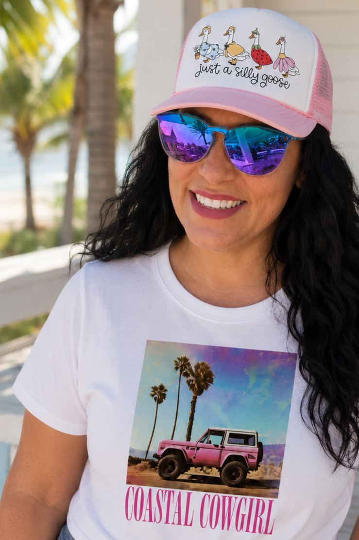 PRE-ORDER BY 5/30/26: "Just A Silly Goose" Light Pink and White Trucker Hat