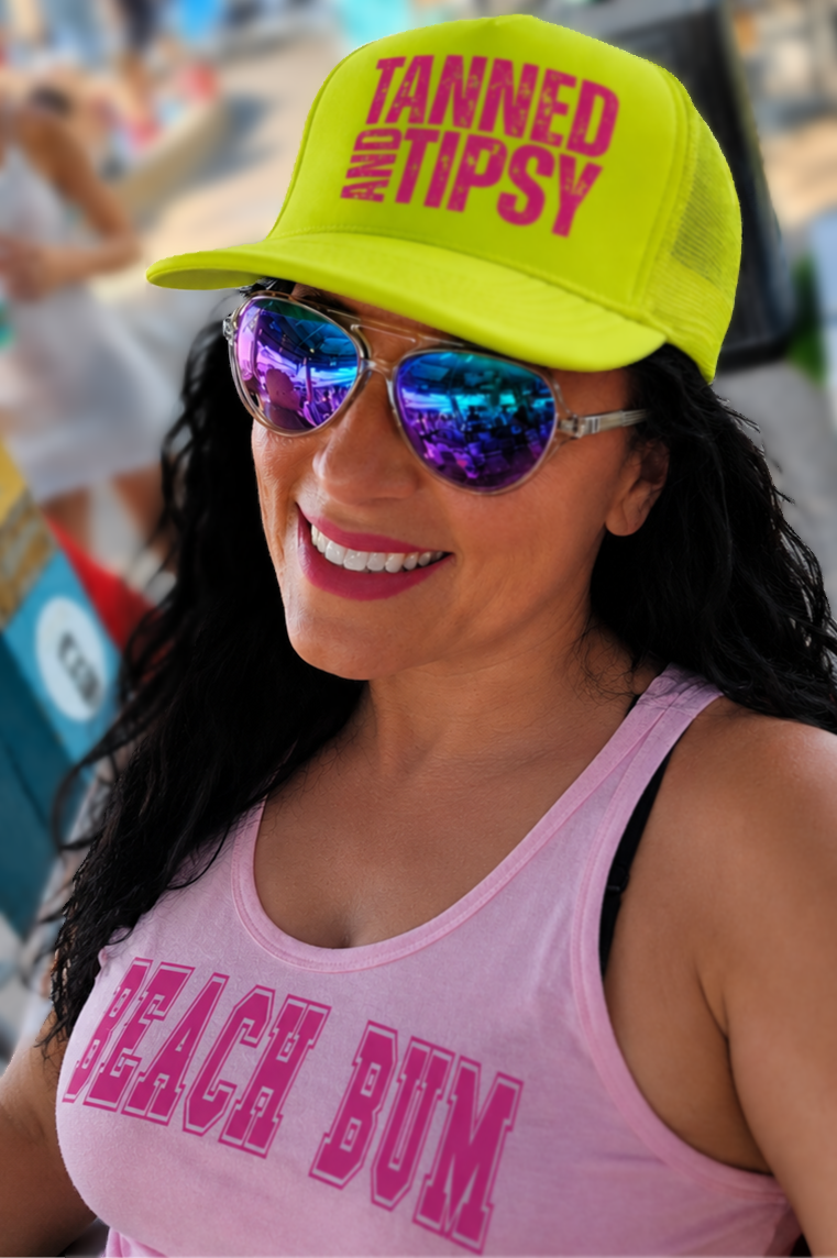 PRE-ORDER BY 5/30/26: "Tanned and Tipsy" Neon Yellow Trucker Hat