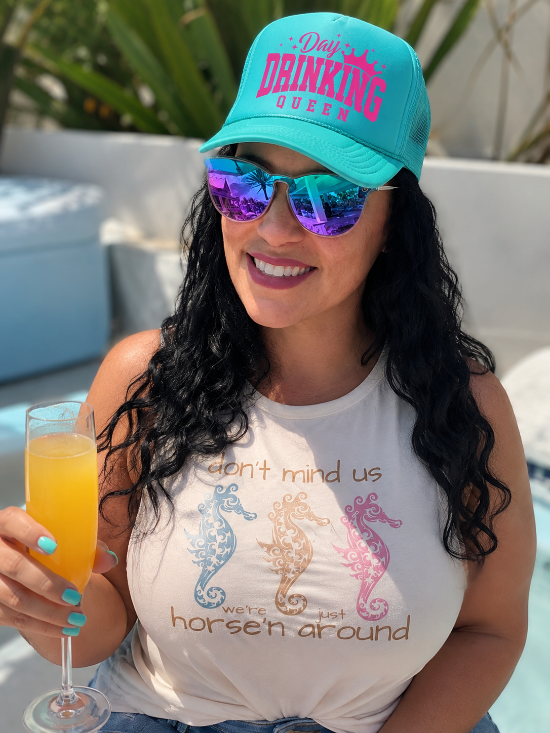 PRE-ORDER BY 5/30/26: Day Drinking Queen DTF Printed Jade Trucker Hat