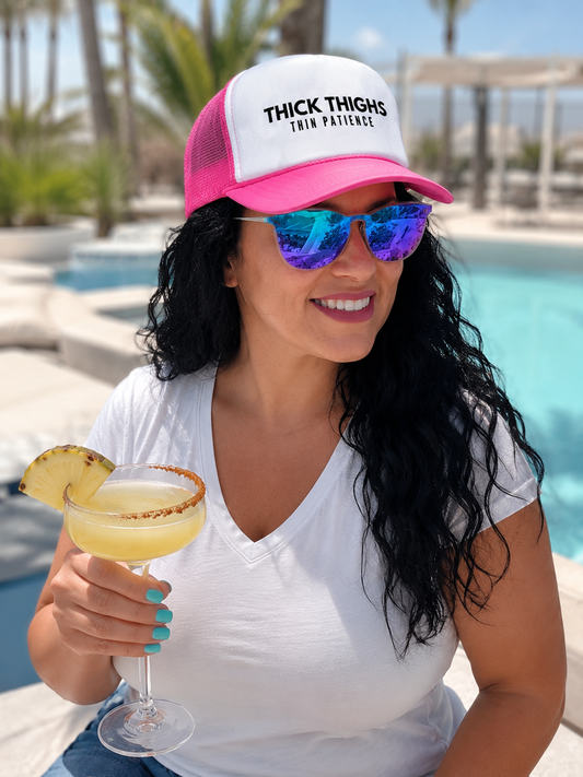 PRE-ORDER BY 5/30/26: Thick Thighs Thin Patience Neon Pink and White Trucker Hat