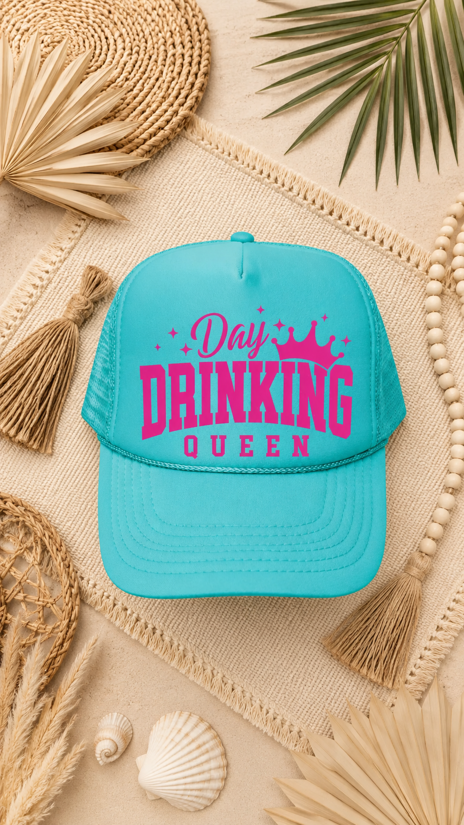 PRE-ORDER BY 5/30/26: Day Drinking Queen DTF Printed Jade Trucker Hat