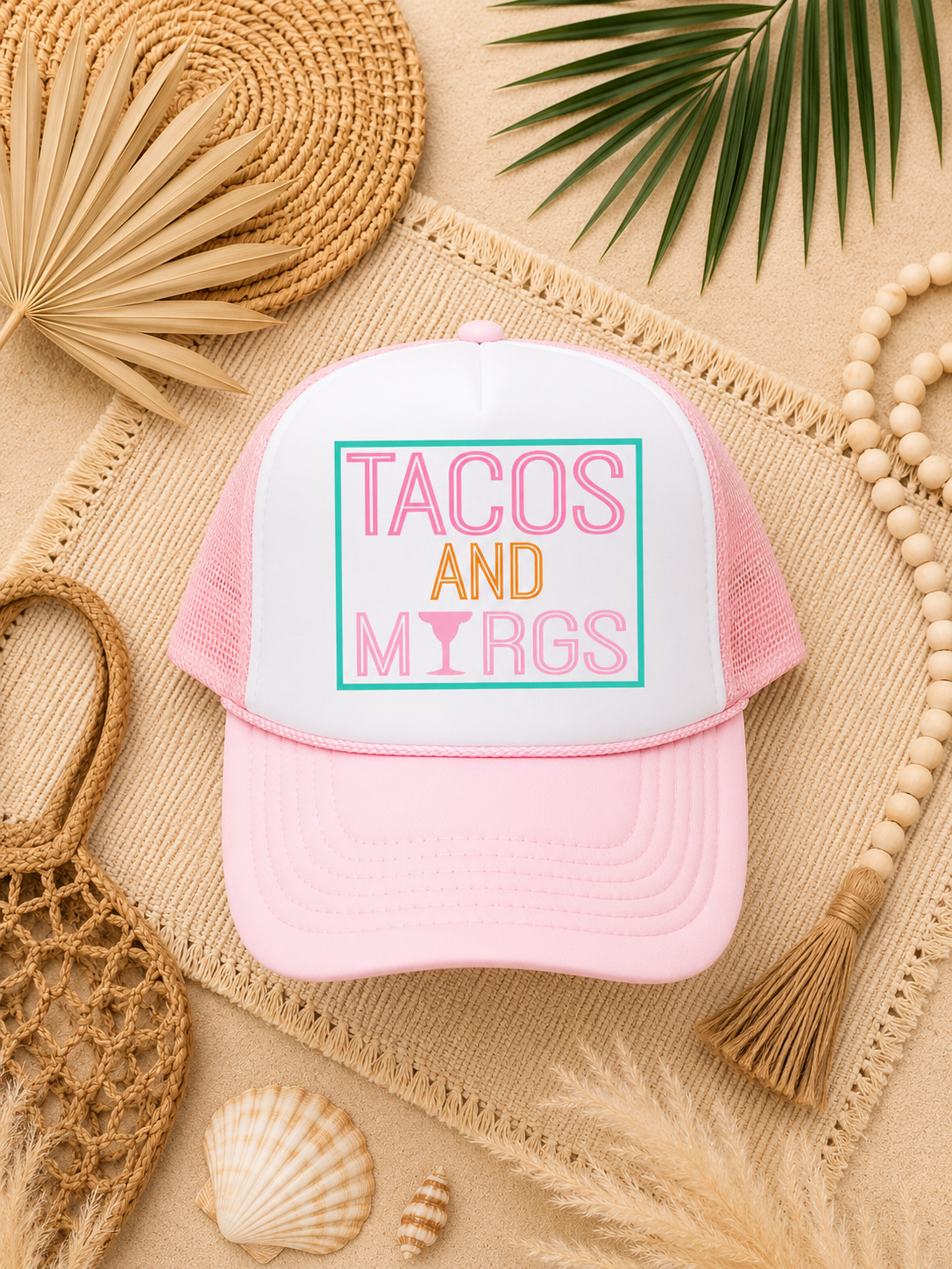 PRE-ORDER BY 5/30/26: "Tacos and Margs" Light Pink & White Trucker Hat