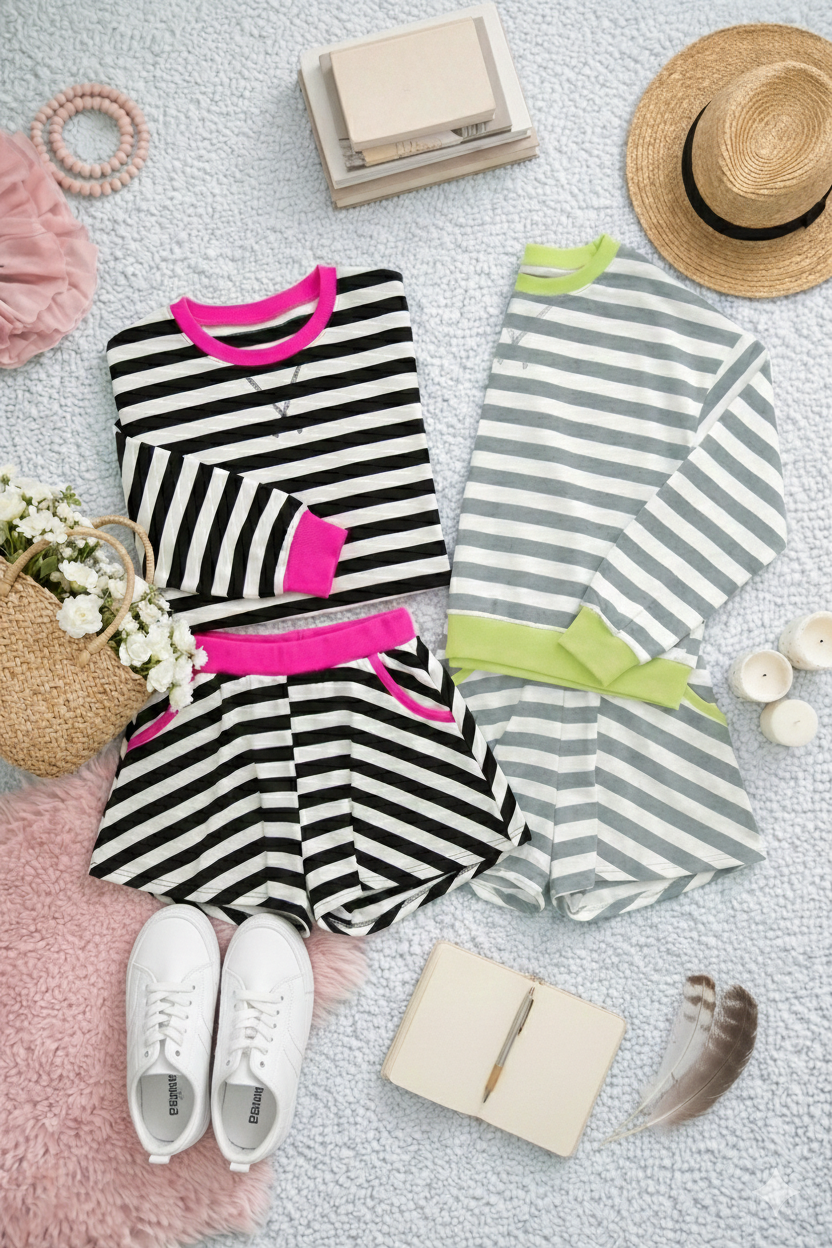 Stripe Contrast Ribbed Top and Shorts Set