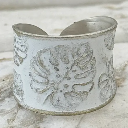 PRE-ORDER BY 7/6/26: Handcrafted White Monstera Leaf Patina Ring