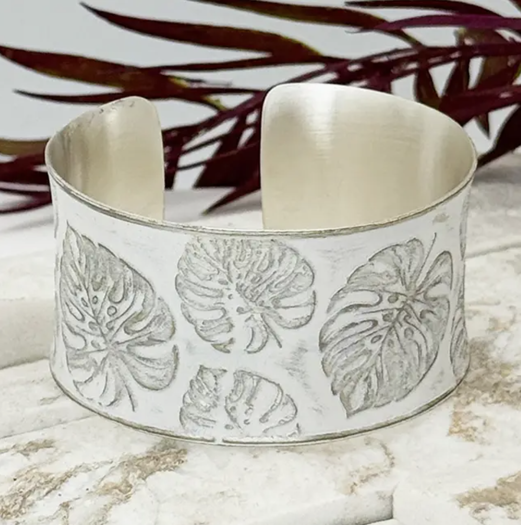 PRE-ORDER BY 7/6/26: Handcrafted White Monstera Leaf Patina Bracelet