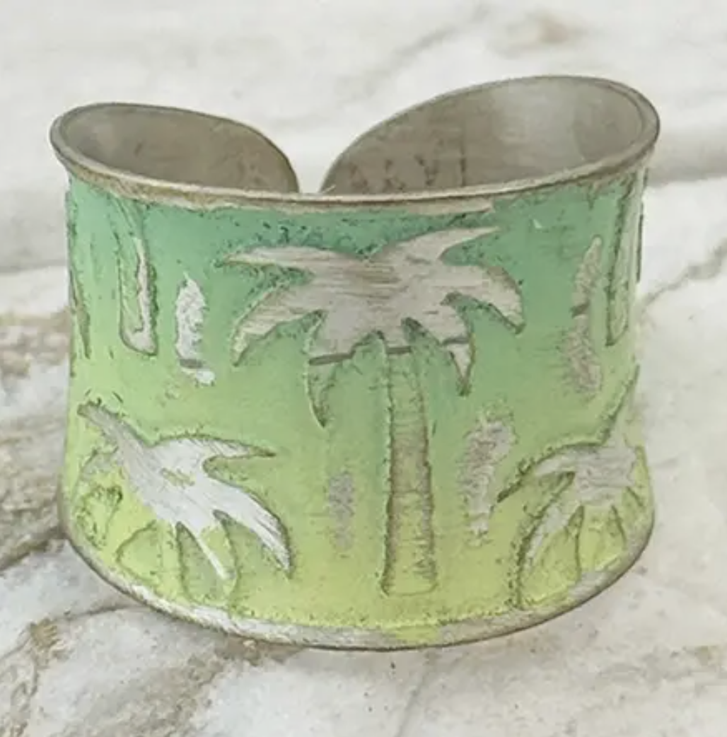 PRE-ORDER BY 7/6/26: Handcrafted Green & Yellow Palm Trees Patina Ring