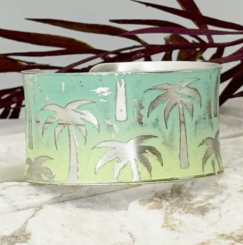 PRE-ORDER BY 7/6/26: Handcrafted Green & Yellow Palm Trees Patina Bracelet