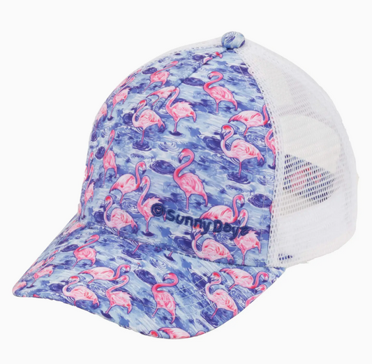 PRE-ORDER BY 7/6/26: Sunny Dayz Flamingos Poly Trucker Ball Cap