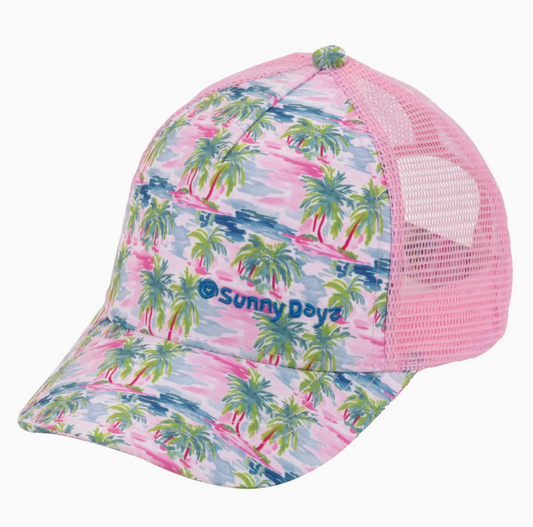 PRE-ORDER BY 7/6/26: Sunny Dayz Pink Palms Poly Trucker Ball Cap