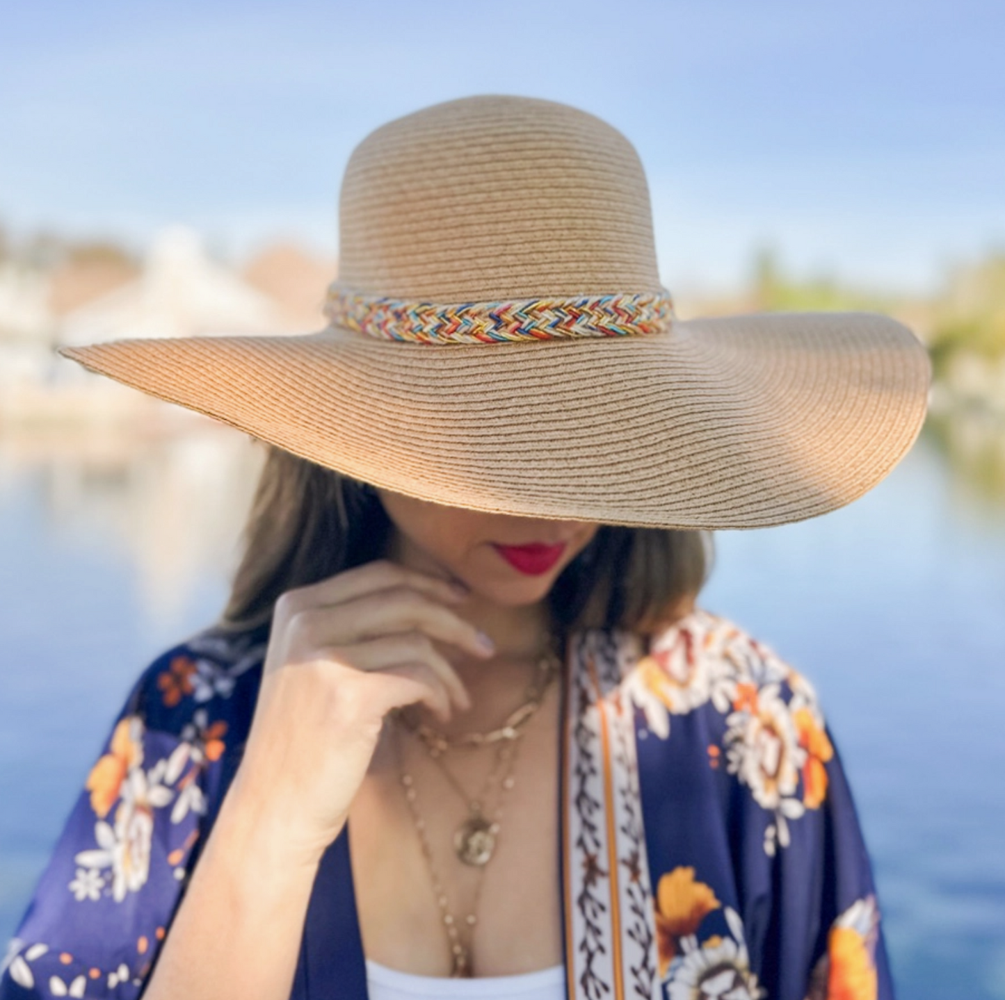 PRE-ORDER BY 7/6/26: Tan Summer Straw Floppy Beach Hat with Multi Color Band