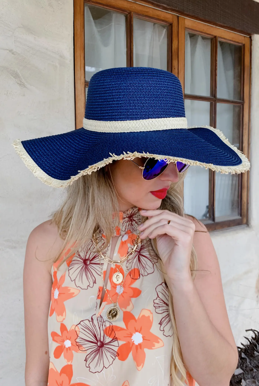 PRE-ORDER BY 7/6/26: Navy Wide Brim Natural Straw Floppy Hat with Beige Band Trim