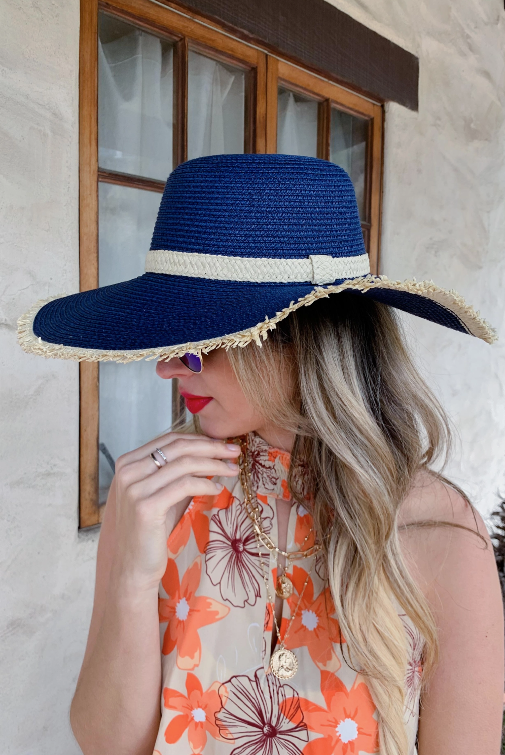 PRE-ORDER BY 7/6/26: Navy Wide Brim Natural Straw Floppy Hat with Beige Band Trim