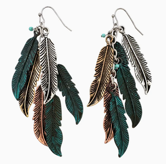 PRE-ORDER BY 8/10/26: Feather Cluster Bohemian Tricolor Patina Metal Earrings