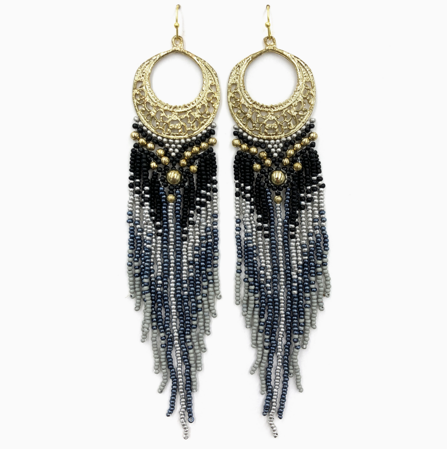 PRE-ORDER BY 8/10/26: Crescent Flowers Chandelier Fringe Long Seed Bead Earrings