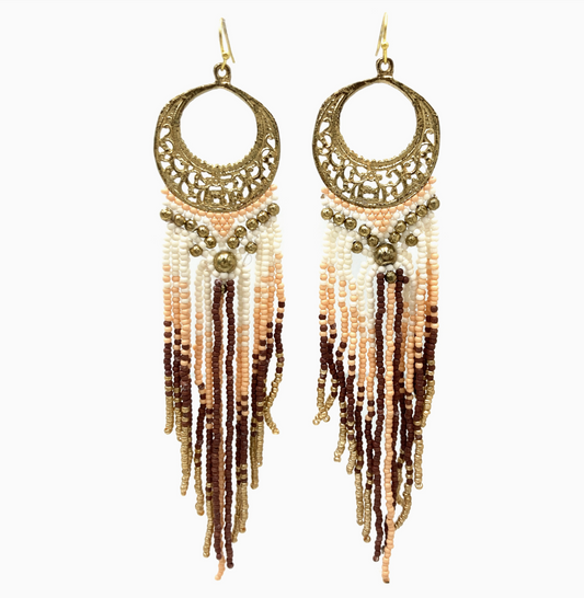 PRE-ORDER BY 8/10/26: Crescent Flowers Chandelier Fringe Long Seed Bead Earrings
