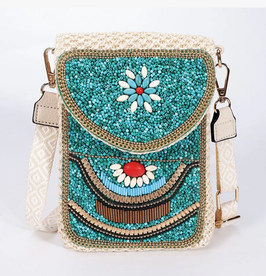 PRE-ORDER BY 8/10/26: Aqua Flower Boho Beaded Crossbody Mini Shoulder Phone Bag