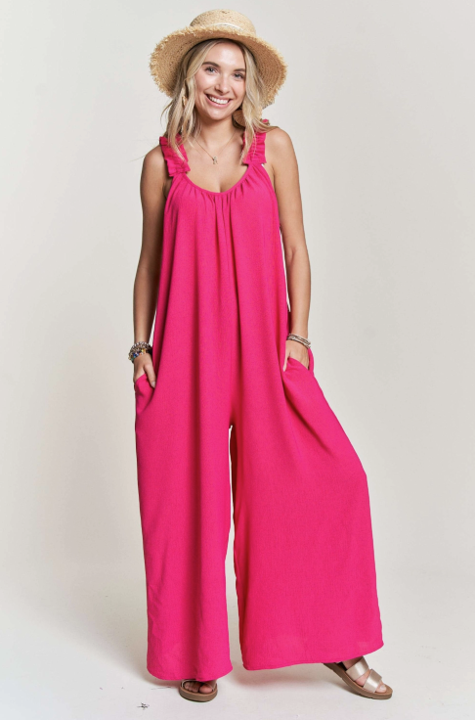Candy Elastic Ruffle Shoulder Jumpsuit in Pink image 0
