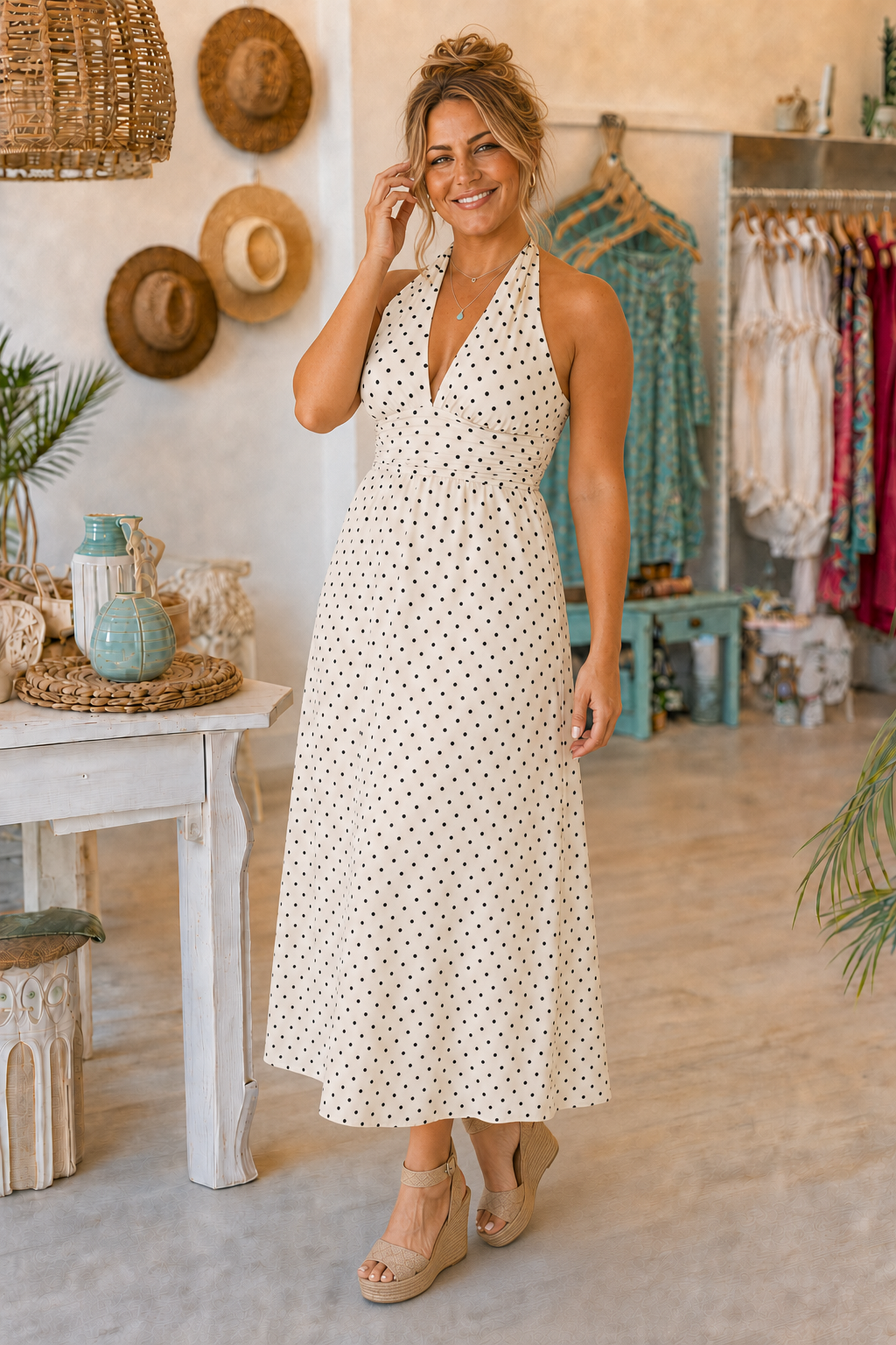PRE-ORDER BY 8/10/26: The Laney Halter V Neck Polka Dot Maxi Dress
