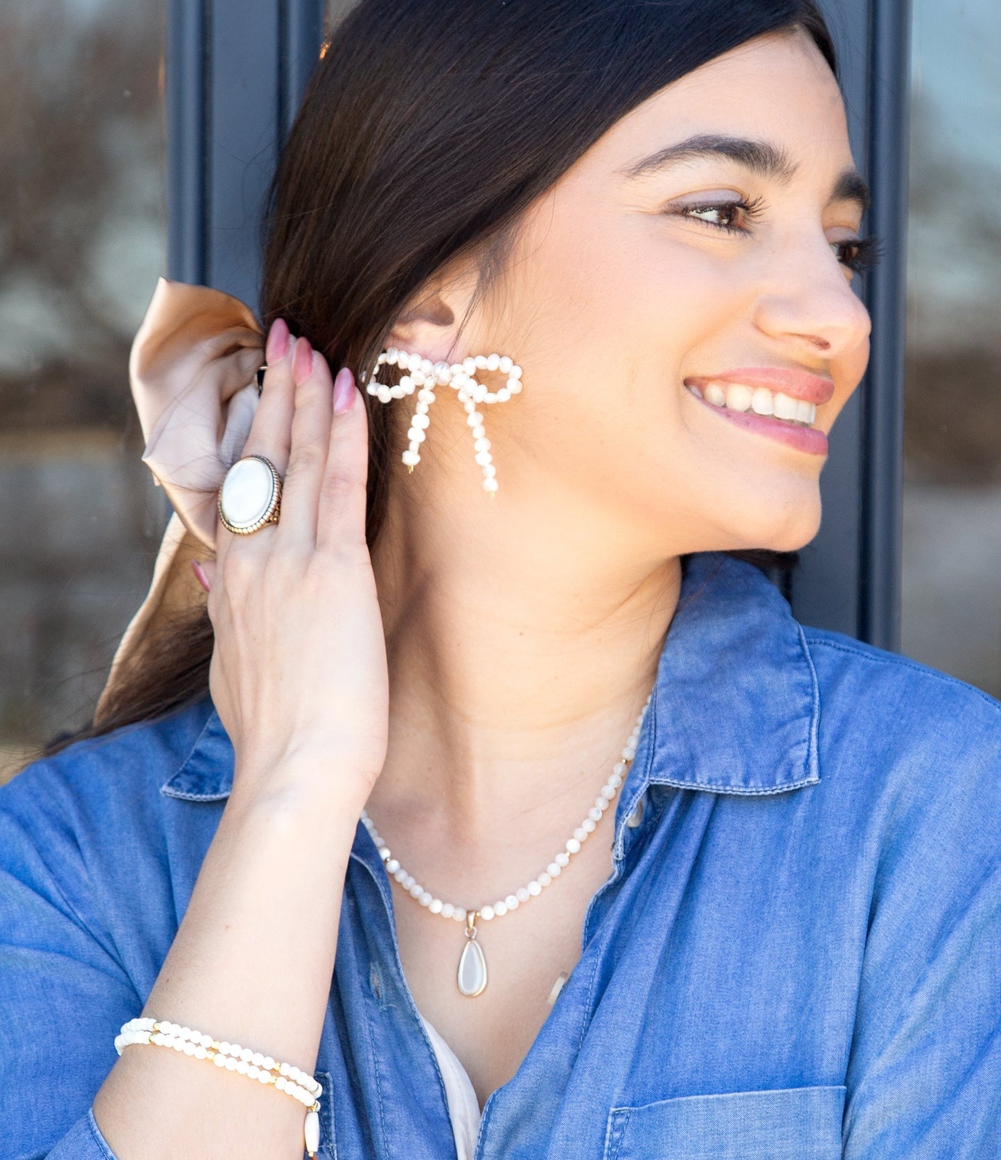 Freshwater White Pearl Bow Post Earrings