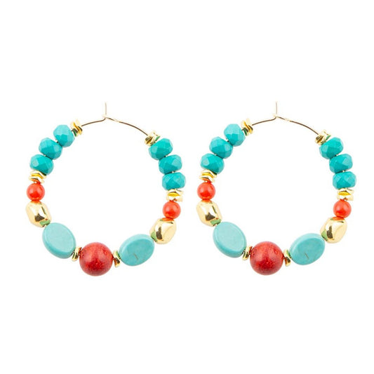 Mesa Blue Magnesite and Orange Coral Golden Hoop Earrings